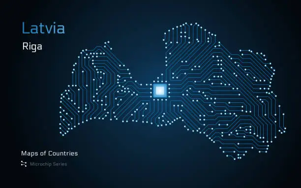 Vector illustration of Latvia Map with a capital of Riga Shown in a Microchip Pattern. E-government.