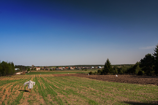 Rural idyllic landscape with a cultivated field and a settlement in the distance, small country houses