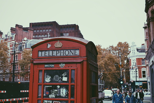 Typical telephone booth in central London, England on October 25, 2017