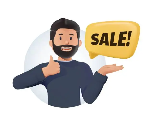 Vector illustration of Flash sale promotion. Man holding sale sign in hand, discount. Advertising and promotion, marketing. Online shopping and delivery. 3D illustration of sale
