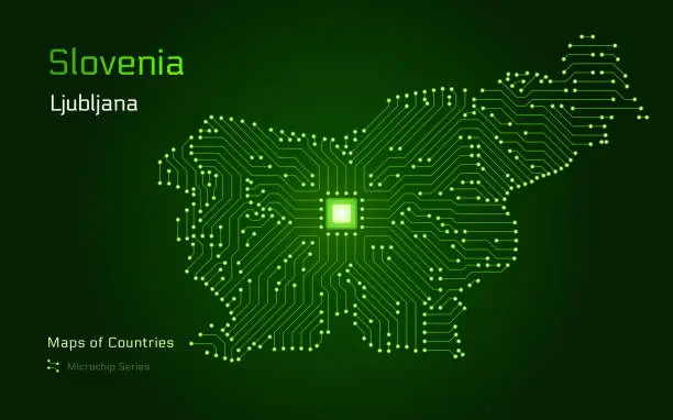 Vector illustration of Slovenia Map with a capital of Ljubljana Shown in a Microchip Pattern.