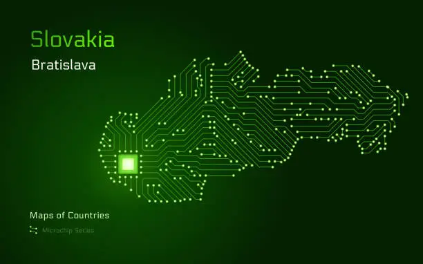 Vector illustration of Slovakia Map with a capital of Bratislava Shown in a Microchip Pattern.