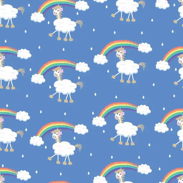 Vector illustration of Horses against the cloudy sky with rainbows and drops. Children's seamless pattern