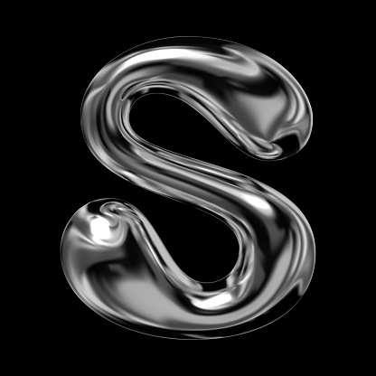 Shiny 3D chrome letter S, retro futuristic balloon bubble style , liquid metal effect with reflective gloss, isolated volumetric rendering, Y2K vector for modern design
