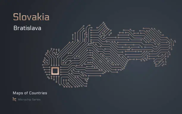 Vector illustration of Slovakia Map with a capital of Bratislava Shown in a Microchip Pattern.