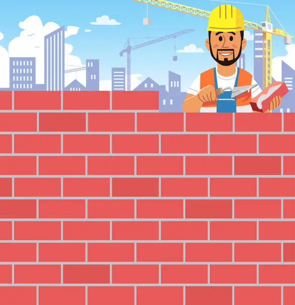 Vector illustration of Bricklayer Building A Wall