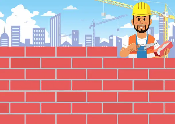 Vector illustration of Construction Worker Building A Wall