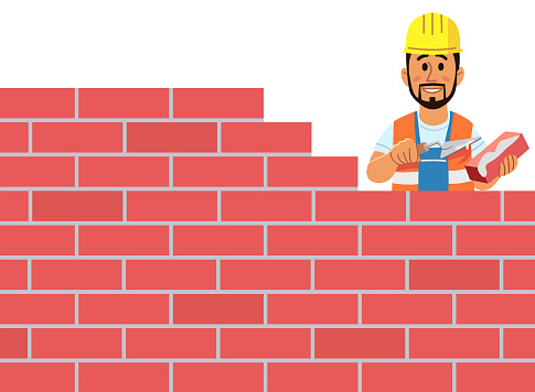 A cheerful bricklayer with a work helmet and a trowel building a wall, isolated on white. Vector illustration with space for text.