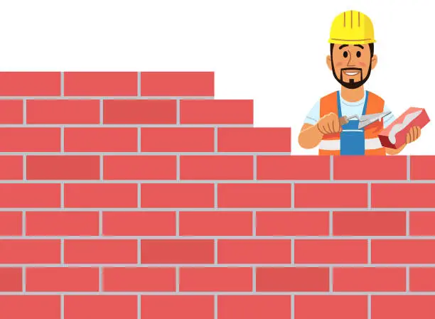 Vector illustration of Happy Bricklayer Building A Wall