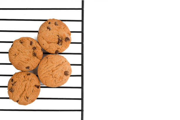 Chocolate chip cookies over white background.
