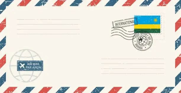 Vector illustration of Blank air mail grunge envelope with Rwanda postage stamp. Vintage postcard vector illustration with Rwanda national flag isolated on white background. Retro style.