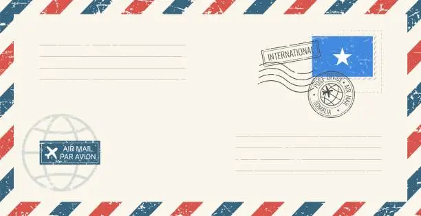 Vector illustration of Blank air mail grunge envelope with Somalia postage stamp. Vintage postcard vector illustration with Somalian national flag isolated on white background. Retro style.