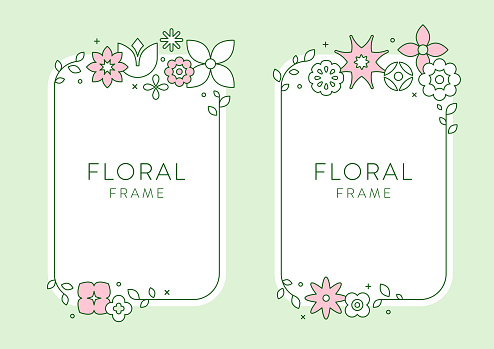 Modern flower frames background for social media marketing, advertising, wedding. Simple thin line geometric flowers and leaves. Empty space for your text.