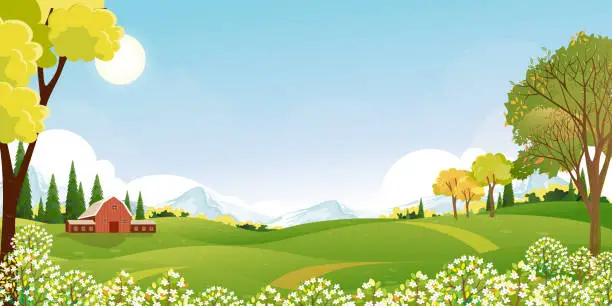 Vector illustration of Spring Background with Sky,Cloud,Grass field,Flower on Hill and Forest Tree in Village,Vector Cartoon Summer landscape peaceful rural nature in the park,Panoramic Banner for Easter