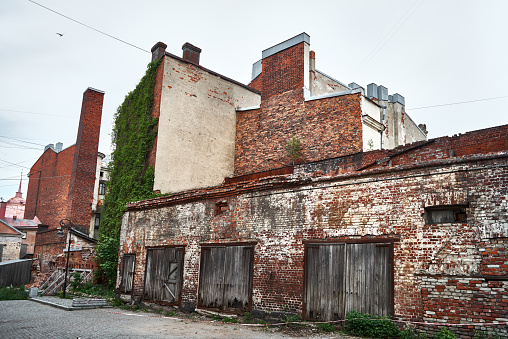 The industrial urban view of old brick buildings in Vyborg town, near Saint Petersburg, Russia