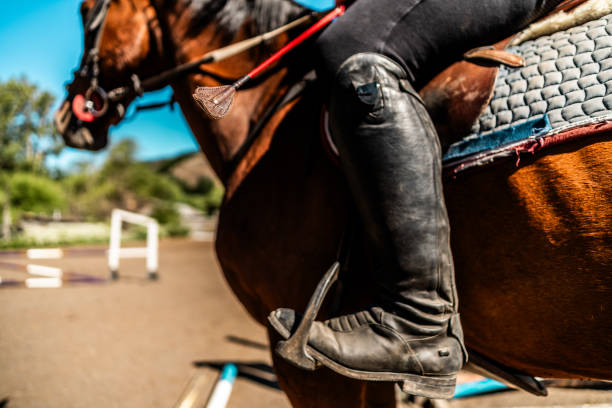 Rider hunting boots at the start of the Heythrop Hunt in Chipping Norton, Oxfordshire on Boxing Day 2019.December 2018