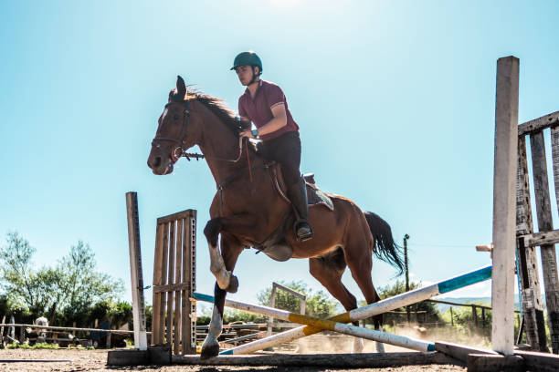 istock Jockey on horse jumping over hurdle 2073934257