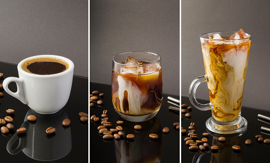 Collage of coffee. Cold brew coffee in the drinking glass and coffee cup on the black  background. Close-up.