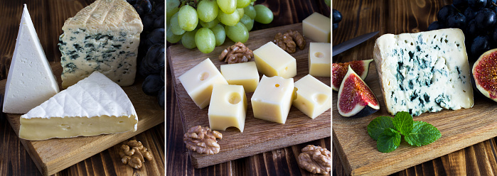 Collage of different cheese on the wooden background. Close-up.