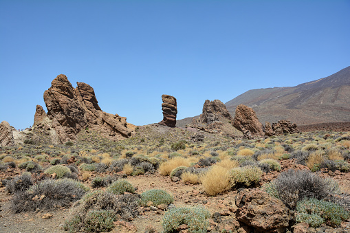 The bizarrely shaped Roque Cinchado rock of volcanic rock in Teide National Park on the Canary Island of Tenerife, Spain