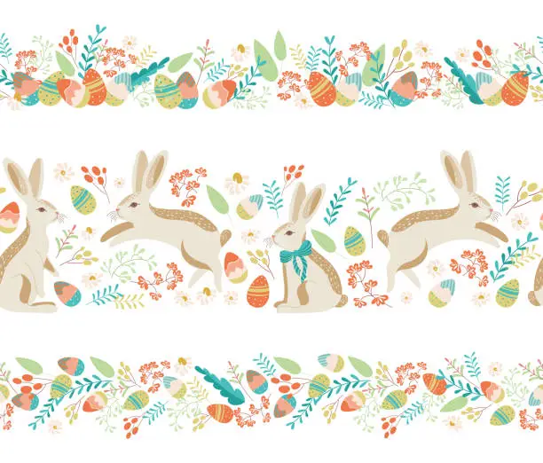 Vector illustration of Set of Easter seamless borders with bunnies and eggs in flower meadow on transparent background. Lovely hand drawn horizontal seamless pattern, cute doodle eggs, great for textiles, banners, wallpaper