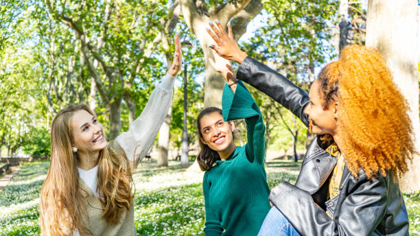 istock Multicultural Harmony: Three Friends on the Park Lawn 2073980179