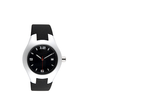 classic analog wrist watch with strap and minimalist design on white background with space for text