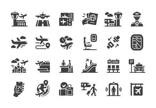 Airport icons. Filled style. Vector illustration.