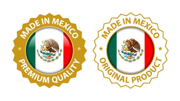 Vector illustration of Made in Mexico. Premium Quality and Original Product Stamp. Vector Glossy Icon with National Flag. Seal Template