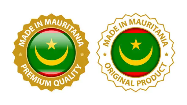 Vector illustration of Made in Mauritania. Premium Quality and Original Product Stamp. Vector Glossy Icon with National Flag. Seal Template