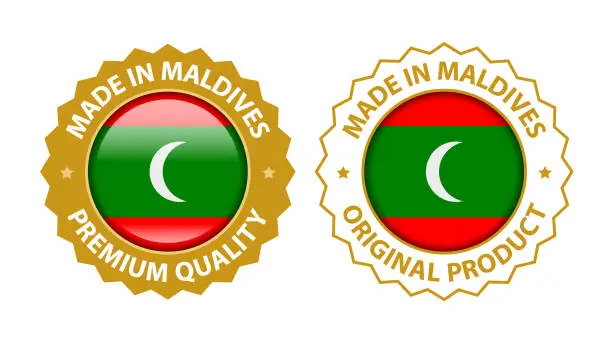 Vector illustration of Made in Maldives. Premium Quality and Original Product Stamp. Vector Glossy Icon with National Flag. Seal Template