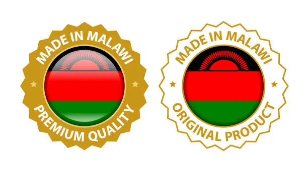 Vector illustration of Made in Malawi. Premium Quality and Original Product Stamp. Vector Glossy Icon with National Flag. Seal Template