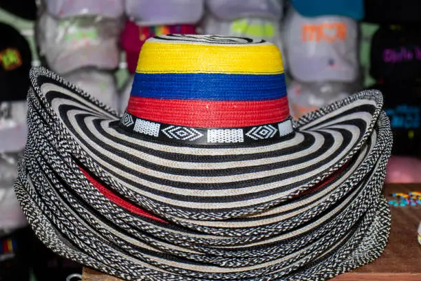 Sell of traditional hats from Colombia called sombrero vueltiao at the famous Comuna 13 in Medellin