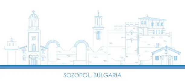 Vector illustration of Outline Skyline panorama of town of Sozopol, Bulgaria