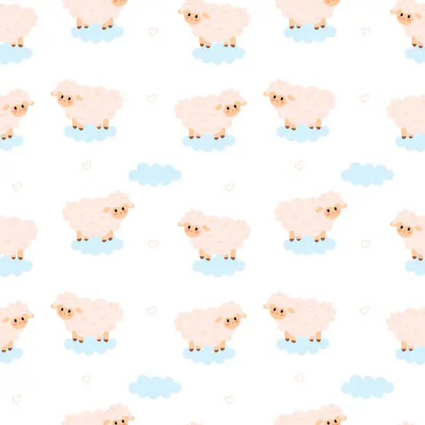 Vector illustration of Seamless pattern with cute sheep and clouds.