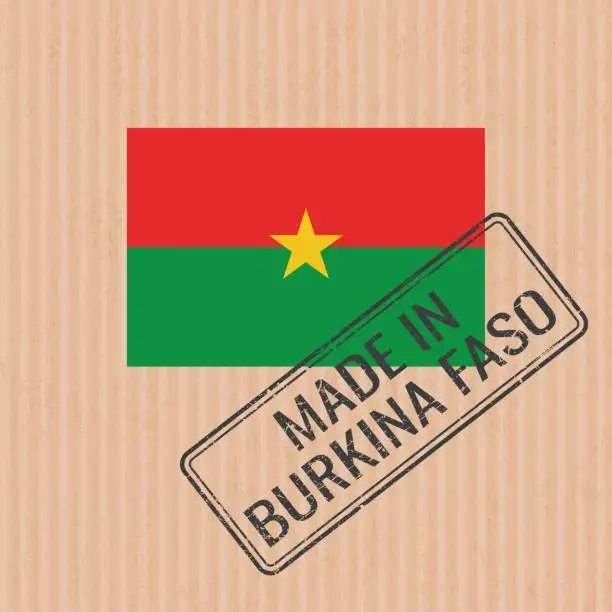 Vector illustration of Made in Burkina Faso badge vector. Sticker with Burkina Faso national flag. Ink stamp isolated on paper background.