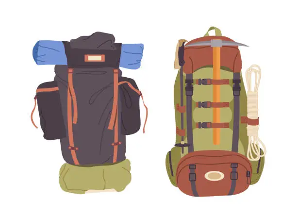 Vector illustration of Travel luggage with backpacker supplies leisure activity in nature and mountain climbing set