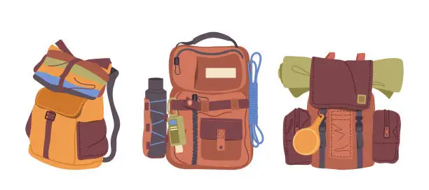 Vector illustration of Set of travel backpacks with camping equipment and tools for exploration, journey and adventure