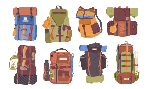 Vector illustration of Different backpacks for travel with camping accessories and hiking equipment isolated on white