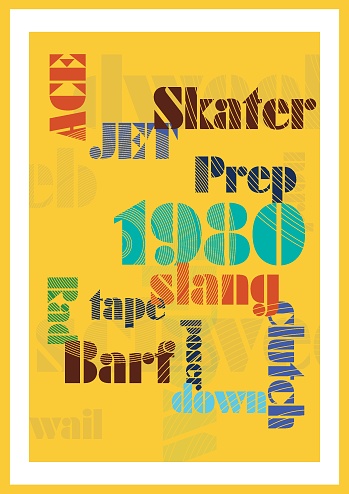 1980s retro poster. Lines, colours and slang words. Typographic composition. Yellow.