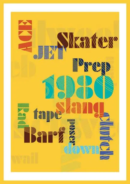 Vector illustration of 1980s retro poster. Lines, colours and slang words. Yellow.