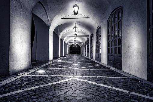 Moody monochrome view of a cobblestone alley in the old city center of Sibiu, Romania, next to Old Square's Arts house.