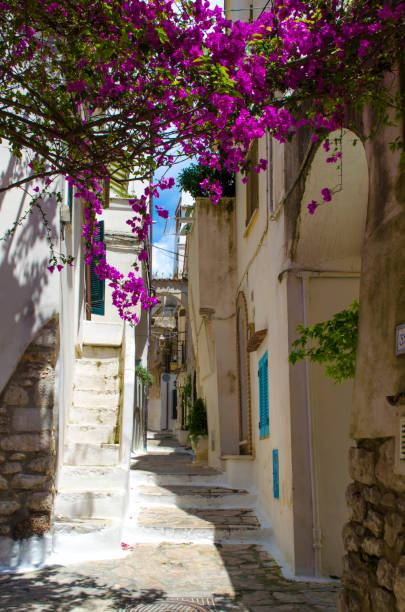 istock the narrow streets between the white houses 2074135033