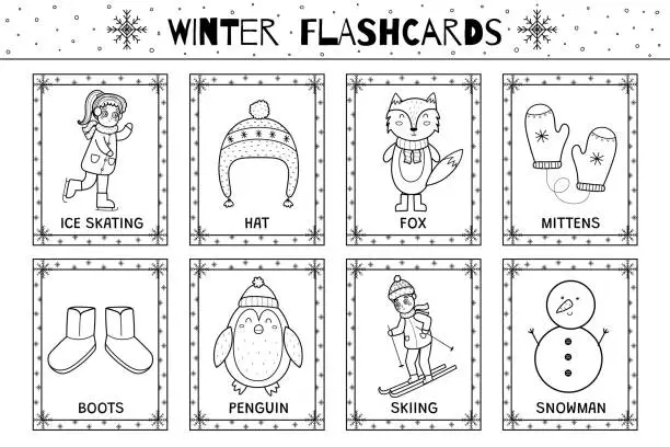 Vector illustration of Winter flashcards black and white collection for kids. Flash cards set with cute characters in outline for coloring