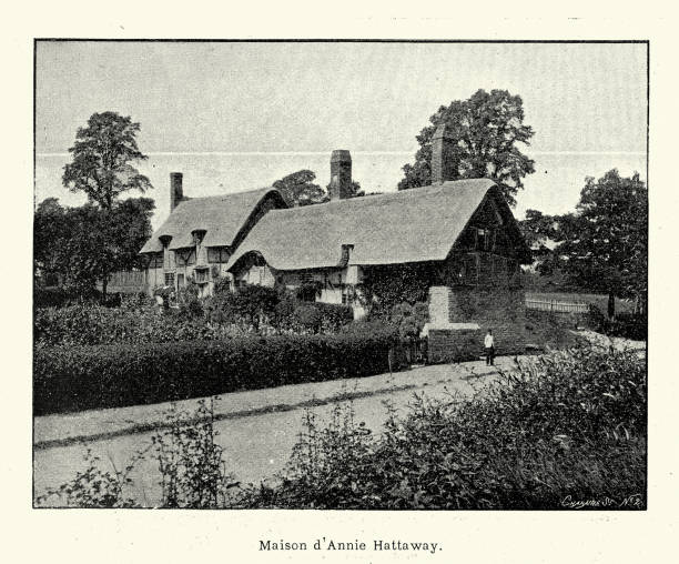 ilustraciones, imágenes clip art, dibujos animados e iconos de stock de anne hathaway's cottage es la casa de campo donde anne hathaway, la esposa de william shakespeare, vivió de niña en el pueblo de shottery, warwickshire, inglaterra. - tudor style house residential structure cottage