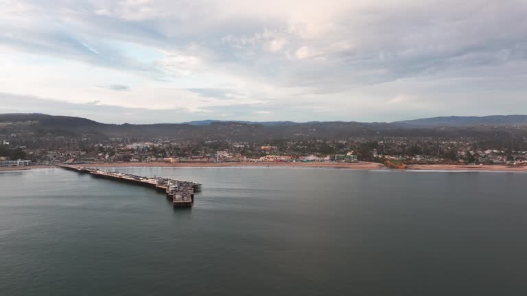 Distant drone shot panning to the right of santa cruz pier and beach during sunset