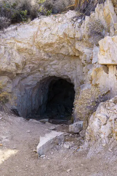 Entrance to cave mine shaft at the Desert Queen Mine in Joshua Tree National Park, California