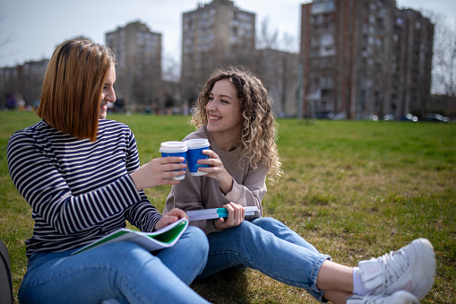Two female students studying together while sitting on a grass at public park