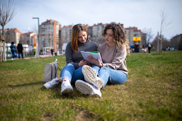 istock Two female students studying together while sitting on a grass at public park 2074270960