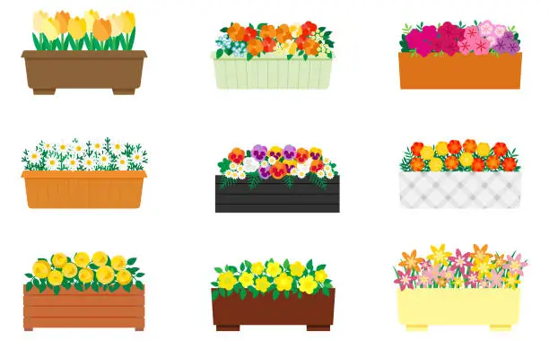 Vector illustration of Illustration set of cute yellow flowers in a planter